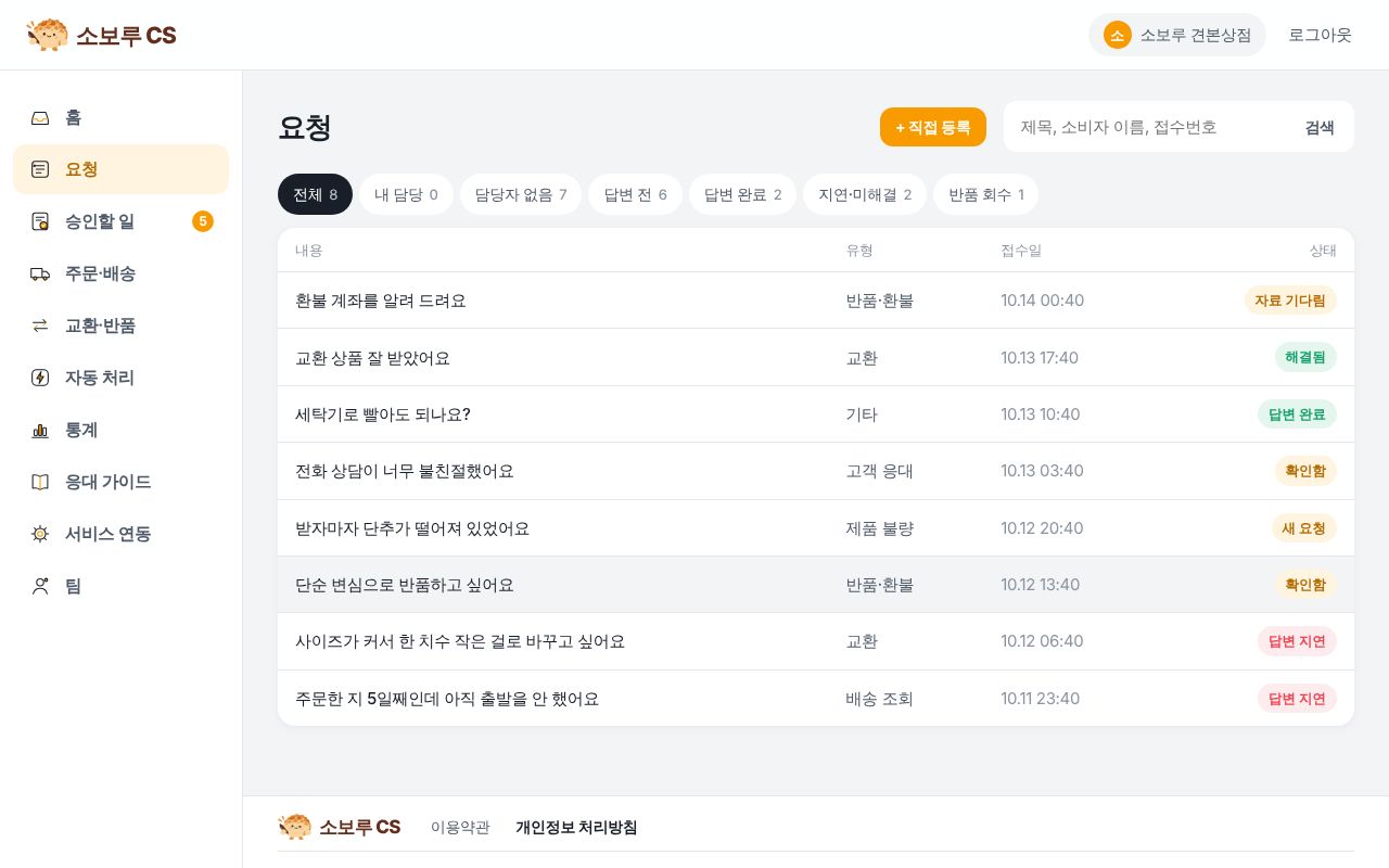 모든 채널의 문의가 한 목록으로 화면